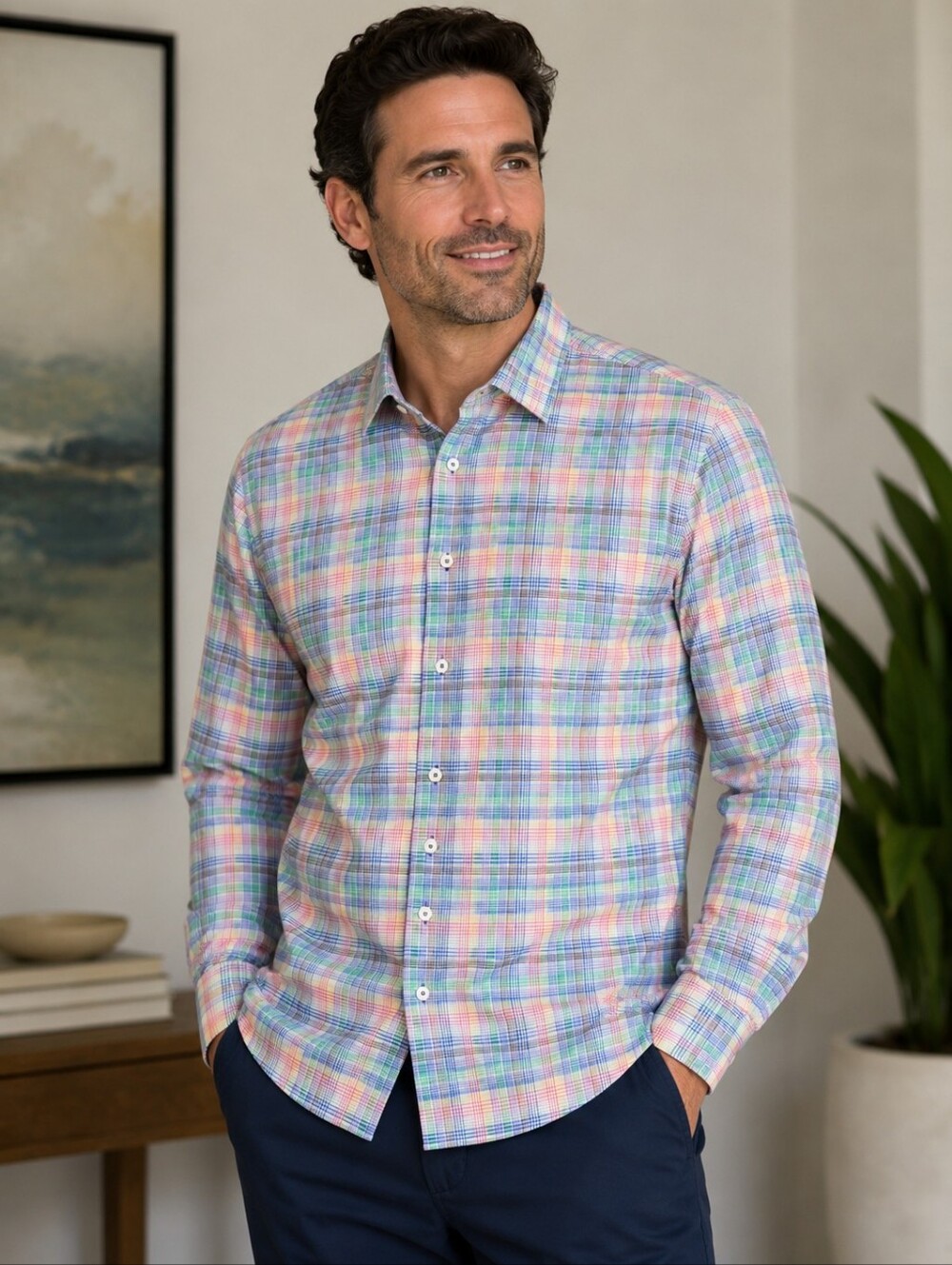 Alan Flusser Mens‎ Large Plaid Button Down Shirt Multi Color Cotton Long Sleeve